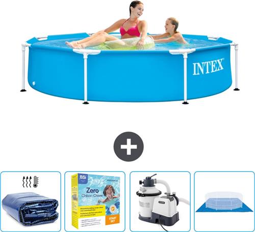 Intex Rond Frame Zwembad - 244 x 51 cm - Blauw - Inclusief Solarzeil - Onderhoudspakket - Zwembadfilterpomp - Grondzeil