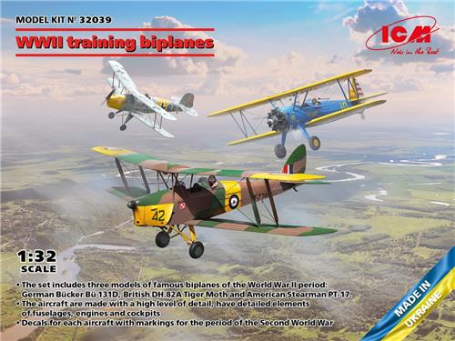 1:32 ICM 32039 WWII training biplanes - Bucker Bu 131D - DH.82A Tiger Moth - Stearman PT-17 Plastic Modelbouwpakket