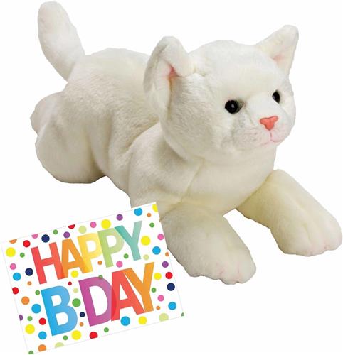 Pluche knuffel witte kat/poes van 33 cm met A5-size Happy Birthday wenskaart - Verjaardag cadeau setje