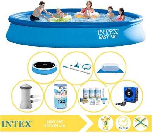 Intex Easy Set Zwembad - Opblaaszwembad - 457x84 cm - Inclusief Solarzeil Pro, Onderhoudspakket, Filter, Grondzeil, Onderhoudsset en Warmtepomp HS