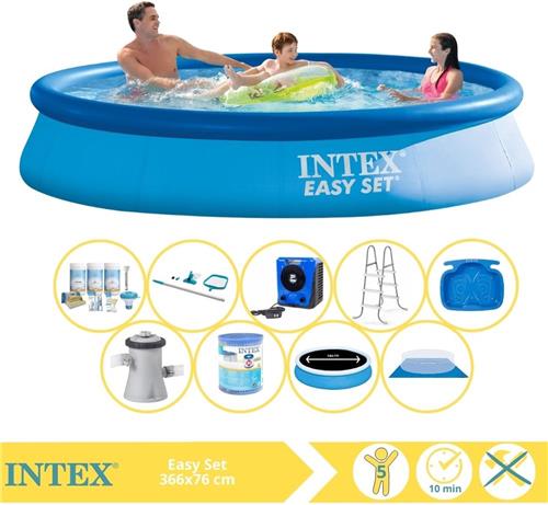 Intex Easy Set Zwembad - Opblaaszwembad - 366x76 cm - Inclusief Solarzeil Pro, Onderhoudspakket, Filter, Grondzeil, Onderhoudsset, Trap, Voetenbad en Warmtepomp HS