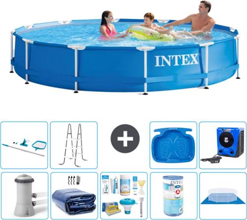 Intex Rond Frame Zwembad - 366 x 76 cm - Blauw - Inclusief Pomp Solarzeil - Onderhoudspakket - Filter - Grondzeil - Schoonmaakset - Ladder - Voetenbad - Warmtepomp