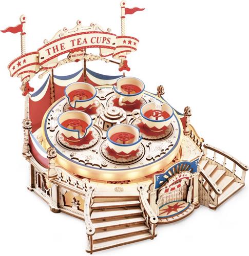 Robotime - Tilt-A-Whirl - 3D puzzel - Houten bouwpakket - Knutselen - Miniatuur - Attractie - Theekopjesattractie - Teacups - Open bakjes