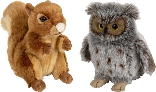 Nature Planet - Bosdieren pluche knuffels - 2x stuks - Eekhoorn en Uil - 18 cm