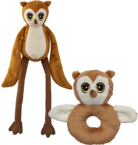 Pluche dieren setje uilen knuffel rammelaar van 15 cm en fluffy dier 33 cm