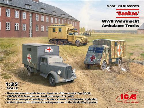 1:35 ICM DS3523 'Sankas' WWII Wehrmacht Ambulance Trucks - 3 Trucks Inbegrepen Plastic Modelbouwpakket