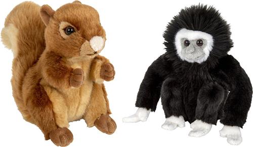 Nature Planet - Bosdieren pluche knuffels - 2x stuks - Eekhoorn en Gibbon Aapje - 18 cm