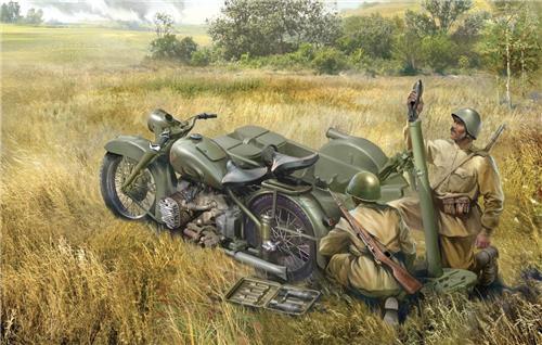 1:35 Zvezda 3651 Soviet motorcycle M-72 with 82-mm Mortar Plastic Modelbouwpakket