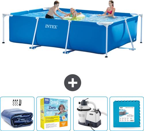 Intex Rechthoekig Frame Zwembad - 300 x 200 x 75 cm - Blauw - Inclusief Solarzeil - Onderhoudspakket - Zwembadfilterpomp - Vloertegels