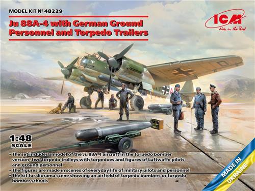 1:48 ICM 48229 Ju 88A-4 w/German Ground Personnel - Torpedo Trailers Plastic Modelbouwpakket