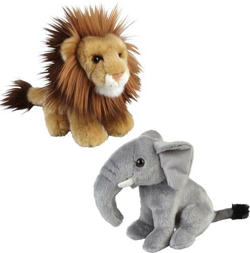 Ravensden - Knuffeldieren set leeuw en olifant pluche knuffels 18 cm