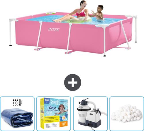 Intex Rechthoekig Frame Zwembad - 220 x 150 x 60 cm - Roze - Inclusief Solarzeil - Onderhoudspakket - Zwembadfilterpomp - Filterbollen