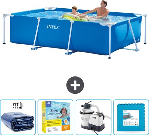 Intex Rechthoekig Frame Zwembad - 260 x 160 x 65 cm - Blauw - Inclusief Solarzeil - Onderhoudspakket - Zwembadfilterpomp - Vloertegels