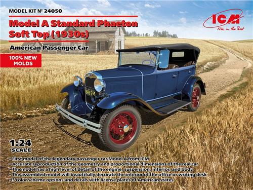 1:35 ICM 24050 Ford Model A Standard Phaeton Soft Top 1930s - Amerikaanse Passagierswagen Plastic Modelbouwpakket