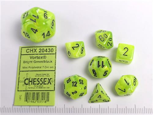 Chessex Vortex Mini-Polyhedral Bright Green/black Dobbelsteen Set (7 stuks)