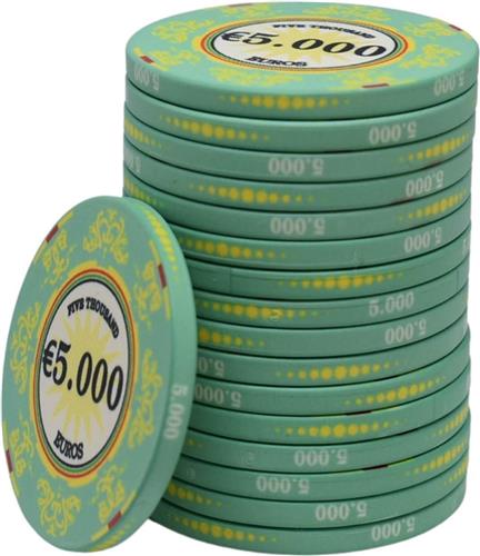 Macau deluxe keramische cashgame poker chips 5.000,- lichtgroen (25 stuks) - pokerchips - pokerfiches - poker fiches - keramisch - pokerspel - pokerset - poker set