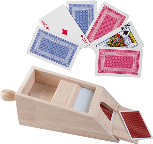 Houten Blackjack kaartgever/slof met handvat 28 x 11,5 x 9,5 cm inclusief 4x sets speelkaarten