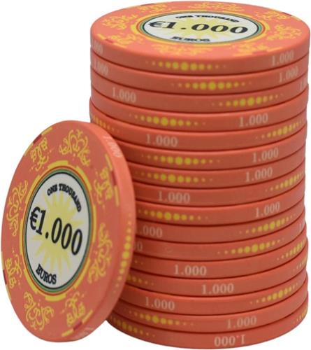 Macau deluxe keramische cashgame poker chips 1.000,- oranje (25 stuks) - pokerchips - pokerfiches - poker fiches - keramisch - pokerspel - pokerset - poker set