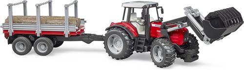 Bruder 02046 Massey Ferguson 7480 Tractor met Voorlader en Houttransportaanhanger + 3 Boomstammen - Speelgoed voor Kinderen vanaf 4 Jaar