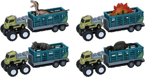 Truck met aanhanger en dino 26x9x9cm (1 stuk) assorti