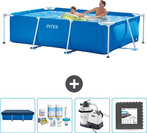 Intex Rechthoekig Frame Zwembad - 260 x 160 x 65 cm - Blauw - Inclusief Afdekzeil - Onderhoudspakket - Zwembadfilterpomp - Vloertegels