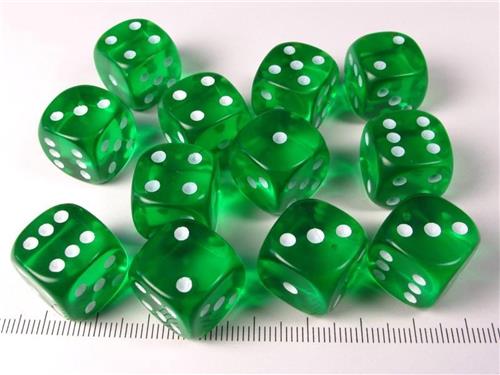 Chessex Translucent Green/white D6 16mm Dobbelsteen Set (12 stuks)