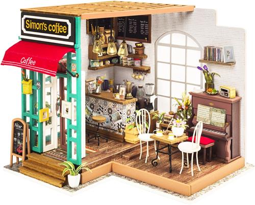 Robotime Simons Koffie DG109 - Houten Modelbouw -  Miniatuur bouwpakket Poppenhuis met LED licht - DIY