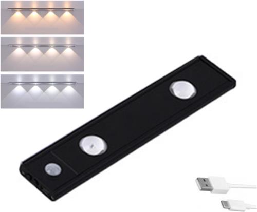 LED lamp 20cm met bewegingssensor - 3 kleuren(warm wit, wit en koud wit) - USB - Aluminium - Magnetisch - Zwart