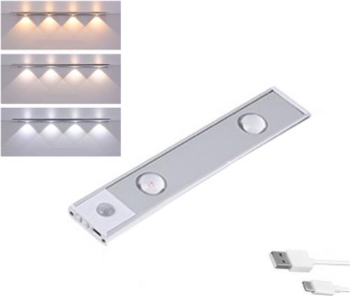 LED lamp 20cm met bewegingssensor - 3 kleuren(warm wit, wit en koud wit) - USB - Aluminium - Magnetisch - Zilver