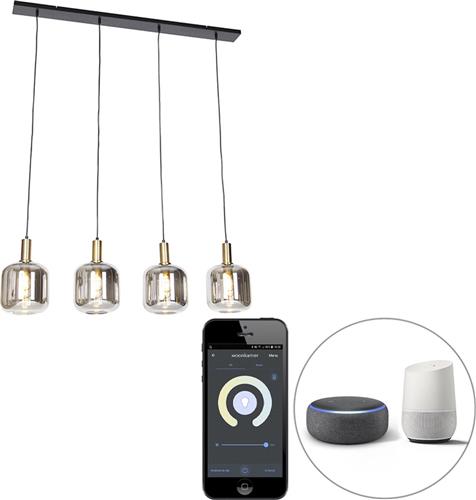 QAZQA zuzanna - Design Dimbare LED Smart Hanglamp eettafel incl. wifi met Dimmer voor boven de eettafel | in eetkamer - 4 lichts - L 120 cm - Zwart Goud - Woonkamer | Slaapkamer | Keuken