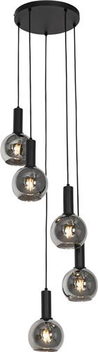 QAZQA Art Deco hanglamp zwart met smoke glas rond 5-lichts - Josje