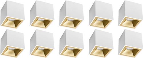 Opbouwspot 10 Pack - Pragmi Cliron Pro - GU10 Fitting - Opbouw Vierkant - Mat Wit/Goud - Aluminium - Verdiept - Ø90mm