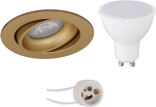 LED Spot Set - Pragmi Delton Pro - GU10 Fitting - Inbouw Rond - Mat Goud - 4W - Helder/Koud Wit 6400K - Kantelbaar - Ø82mm