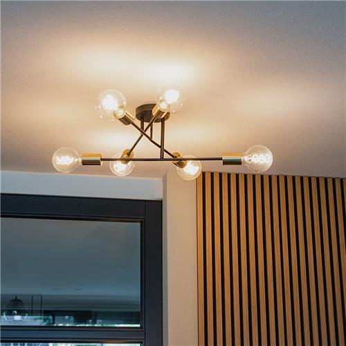 QAZQA sydney - Industriele Plafondlamp - 6 lichts - Ø 550 mm - Zwart Goud - Industrieel - Woonkamer | Slaapkamer | Keuken