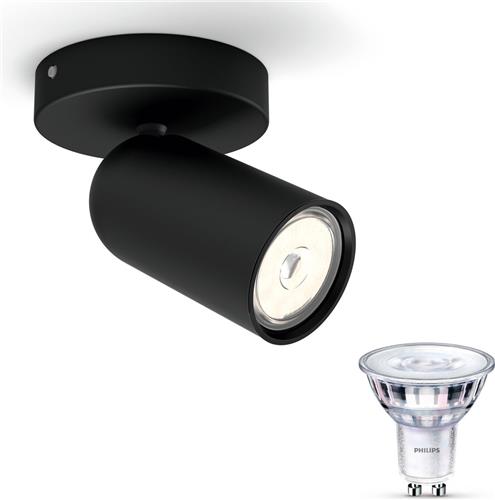 Philips Pongee Opbouwspot (Zwart) - Warmwit Licht - Wandspot of Plafondspot met 1 Lichtpunt - GU10 - SceneSwitch - Eenvoudig Dimbaar met Je Klassieke Schakelaar