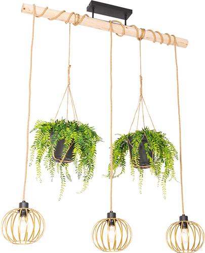 QAZQA yura - Landelijke Hanglamp eettafel voor boven de eettafel | in eetkamer - 3 lichts - L 100 cm - Zwart Goud - Woonkamer | Slaapkamer | Keuken