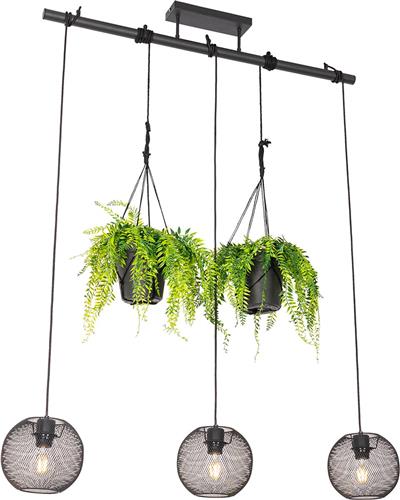 QAZQA flor - Industriele Hanglamp eettafel voor boven de eettafel | in eetkamer - 3 lichts - L 100 cm - Zwart - Industrieel - Woonkamer | Slaapkamer | Keuken