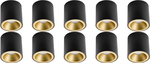 Opbouwspot 10 Pack - Pragmi Cliron Pro - GU10 Fitting - Opbouw Rond - Mat Zwart/Goud - Aluminium - Verdiept - Ø90mm