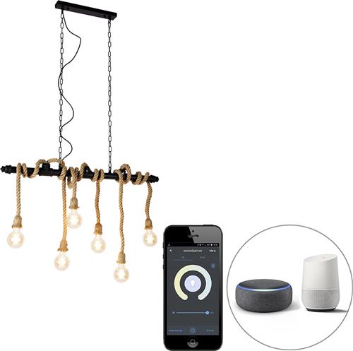 QAZQA plural hl - Industriele LED Smart Hanglamp incl. wifi voor boven de eettafel | in eetkamer - 6 lichts - L 102 cm - Zwart - Industrieel - Woonkamer | Slaapkamer | Keuken