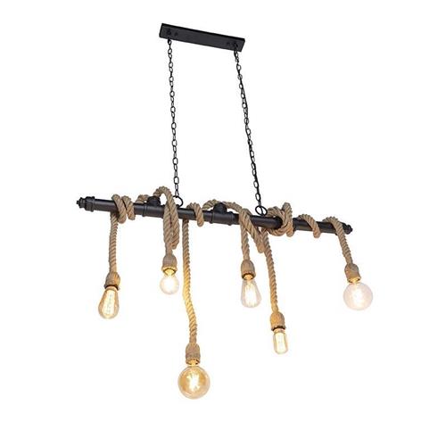 QAZQA plural hl - Industriele Hanglamp voor boven de eettafel | in eetkamer - 6 lichts - L 1020 mm - Zwart - Industrieel - Woonkamer | Slaapkamer | Keuken