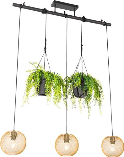 QAZQA flor - Industriele Hanglamp eettafel voor boven de eettafel | in eetkamer - 3 lichts - L 100 cm - Zwart Goud - Industrieel - Woonkamer | Slaapkamer | Keuken