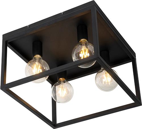 QAZQA cage - Industriele Plafondlamp - 4 lichts - L 40 cm - Zwart - Industrieel - Woonkamer | Slaapkamer | Keuken