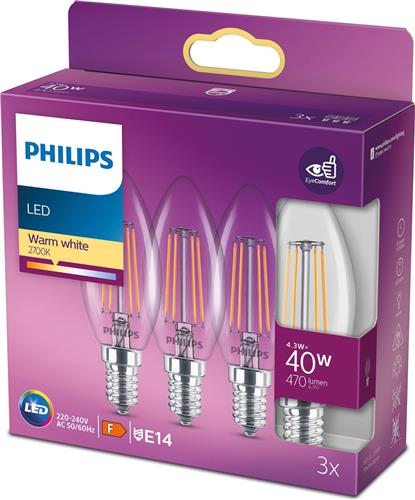 Philips energiezuinige LED Kaars Transparant - 40 W - E14 - warmwit licht - 3 stuks - Bespaar op energiekosten