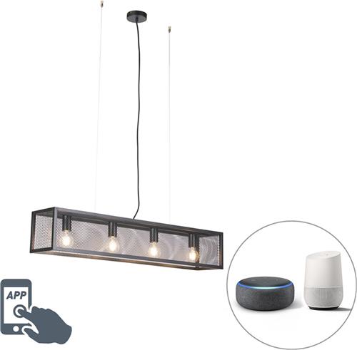 QAZQA cage_wire - Industriele Dimbare LED Smart Hanglamp eettafel incl. wifi met Dimmer voor boven de eettafel | in eetkamer - 4 lichts - L 99.5 cm - Zwart - Industrieel - Woonkamer