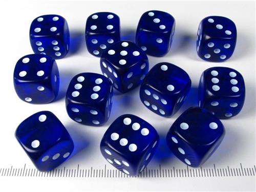 Chessex Translucent Blue/white D6 16mm Dobbelsteen Set (12 stuks)