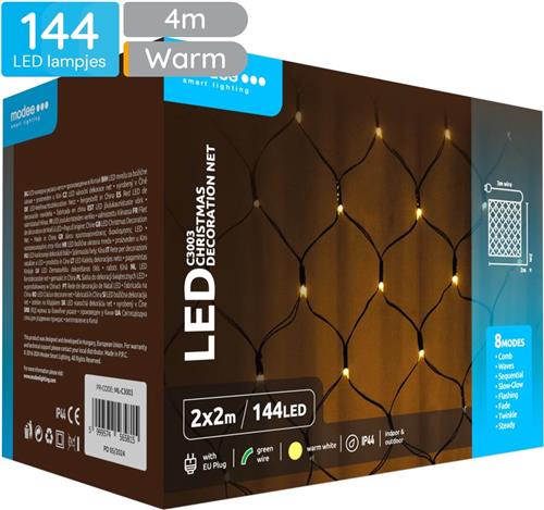 Modee Netverlichting Buiten 2x2 Meter - Kerstverlichting voor Buiten en Binnen - 144 LED Lampjes - 8 Lichtstanden - IP44 - 2700K - Warm Wit Licht - Per stuk