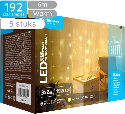 Modee Lichtgordijn 3x2 Meter - Kerstverlichting voor Buiten en Binnen - 192 LED Lampjes - 8 Lichtstanden - IP44 - 2700K - Warm Wit Licht - 5 stuks