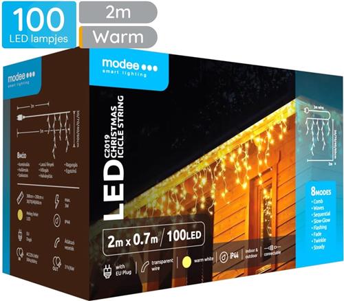 Modee IJspegel Verlichting Buiten 2 Meter - Kerstverlichting voor Buiten en Binnen - Verlengbaar - 70cm Hoog - 100 LED Lampjes - 8 Lichtstanden - IP44 - 2700K - Warm Wit Licht - Per stuk