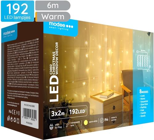 Modee Lichtgordijn 3x2 Meter - Kerstverlichting voor Binnen en Buiten - 192 LED Lampjes - 8 Lichtstanden - IP44 - 2700K - Warm Wit Licht - Per stuk