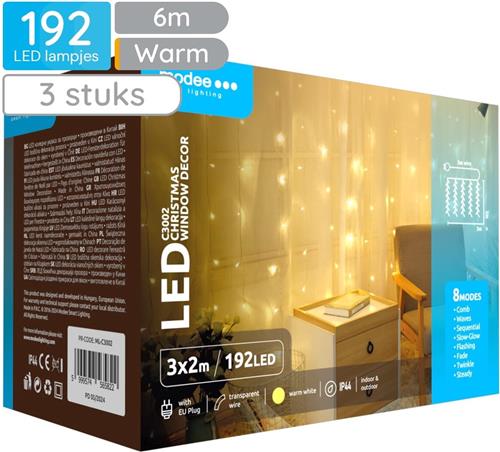 Modee Lichtgordijn 3x2 Meter - Kerstverlichting voor Buiten en Binnen - 192 LED Lampjes - 8 Lichtstanden - IP44 - 2700K - Warm Wit Licht - 3 stuks